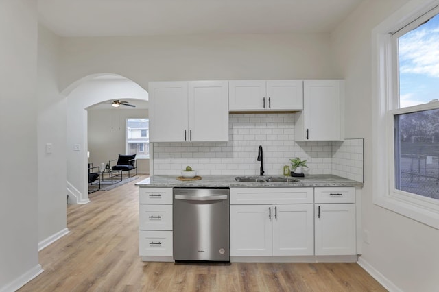 kitchen with dishwasher, sink, ceiling fan, tasteful backsplash, and white cabinetry