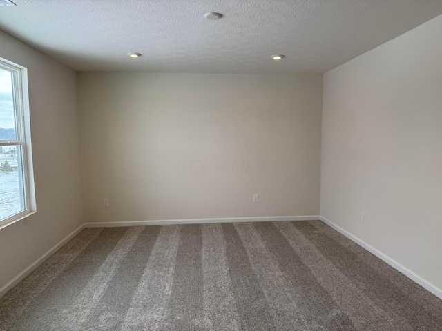 carpeted empty room with a textured ceiling