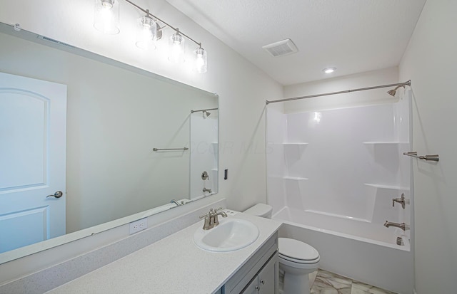 full bathroom featuring shower / tub combination, a textured ceiling, vanity, and toilet