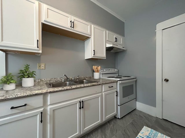 341 E 18th Ave, Columbus, OH 43201 - kitchen with white range with electric cooktop, under cabinet range hood, white cabinets, and ornamental molding
