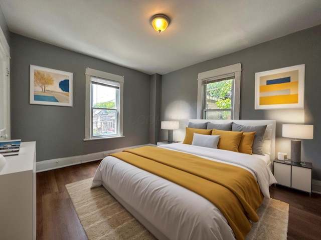 bedroom featuring multiple windows and dark wood-type flooring