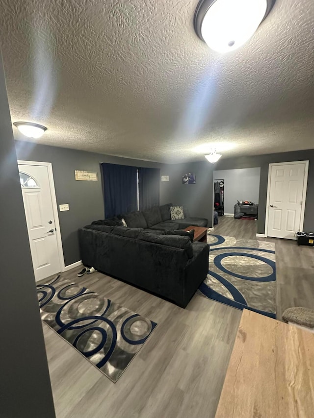 living room featuring a textured ceiling and hardwood / wood-style flooring