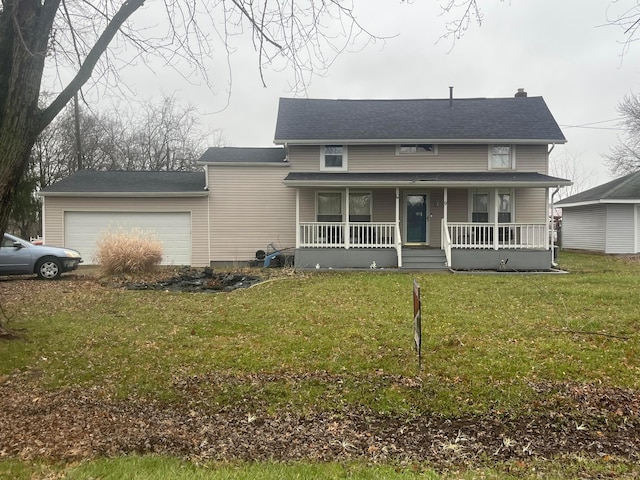 view of front facade featuring covered porch, a garage, and a front lawn