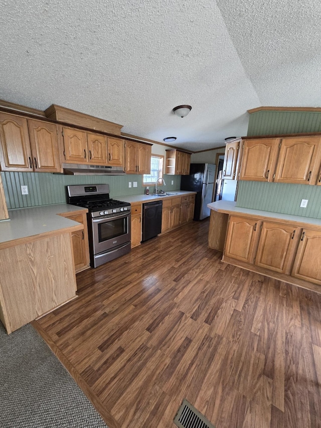 kitchen with a textured ceiling, dark hardwood / wood-style floors, sink, and stainless steel appliances