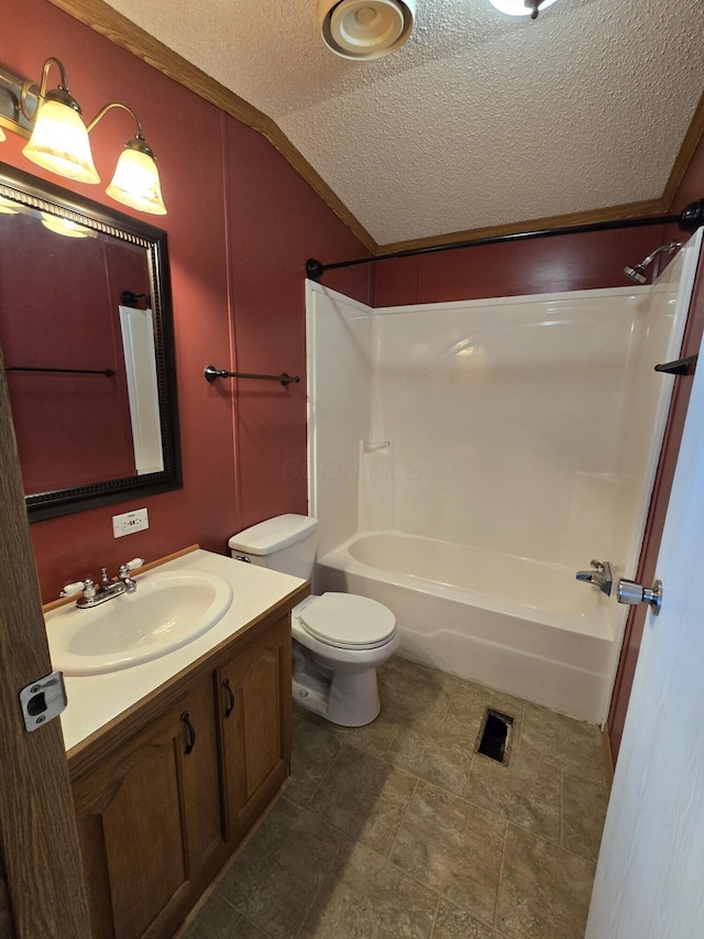 full bathroom with vaulted ceiling, a textured ceiling, toilet, vanity, and shower / bathtub combination