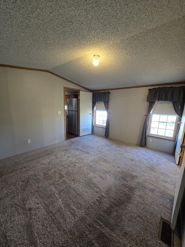 spare room featuring a textured ceiling, plenty of natural light, carpet floors, and lofted ceiling