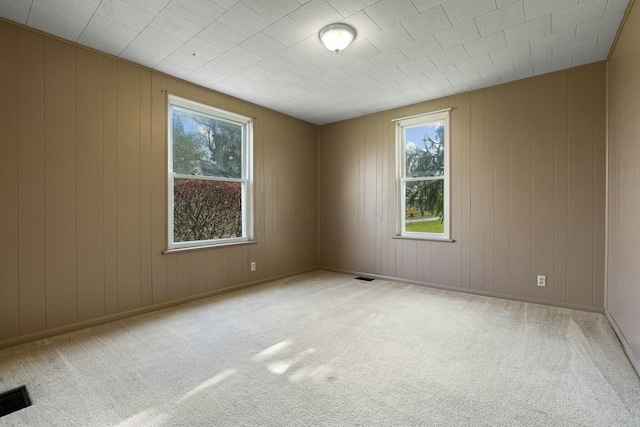 unfurnished room with carpet and wooden walls