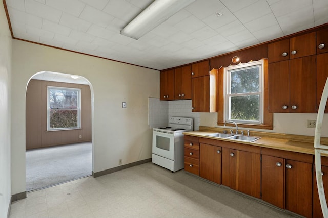 kitchen featuring white range with electric stovetop, crown molding, decorative backsplash, and sink