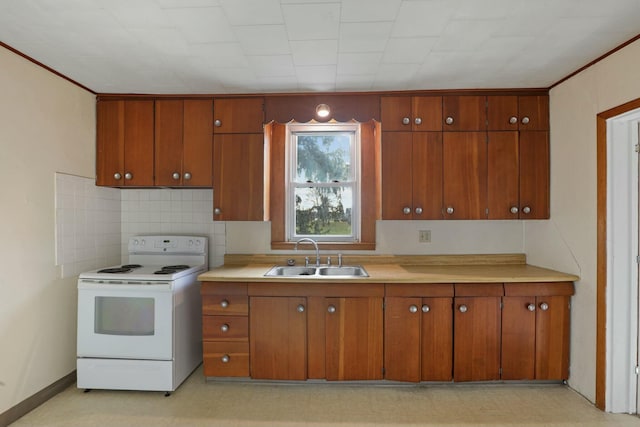 kitchen featuring decorative backsplash, white electric stove, and sink