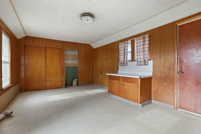 interior space featuring wood walls and lofted ceiling