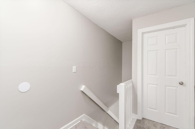 stairs featuring carpet floors and a textured ceiling