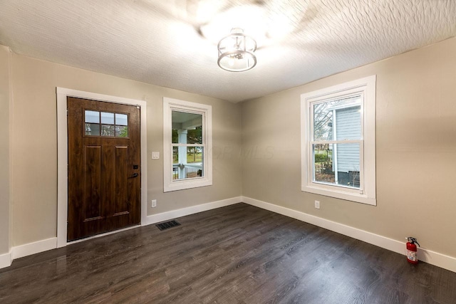 foyer entrance with a wealth of natural light, dark hardwood / wood-style flooring, and a textured ceiling