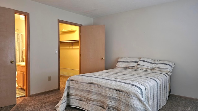 carpeted bedroom with a spacious closet, connected bathroom, and a closet