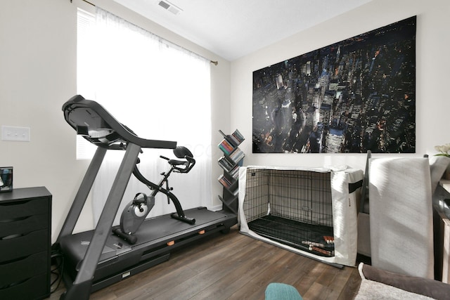 exercise room with hardwood / wood-style floors