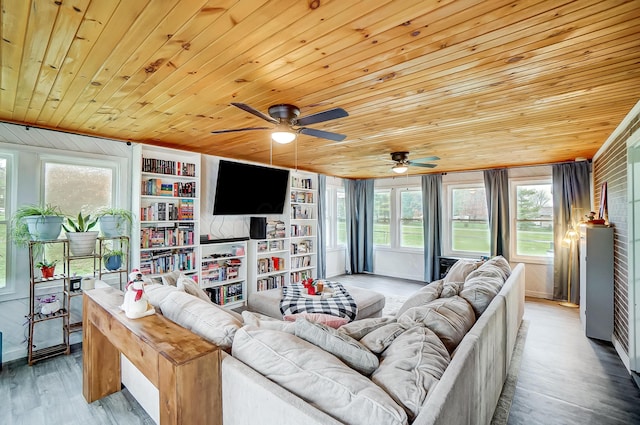 living room featuring built in shelves, ceiling fan, wooden walls, hardwood / wood-style flooring, and wooden ceiling