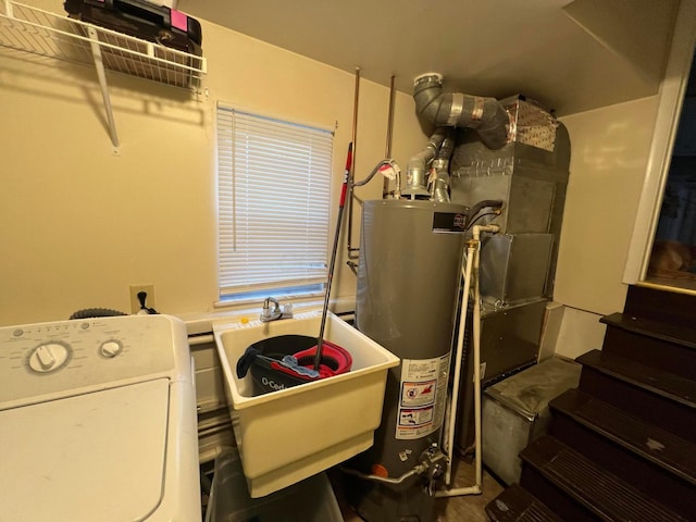 utility room featuring sink, washer / clothes dryer, and water heater