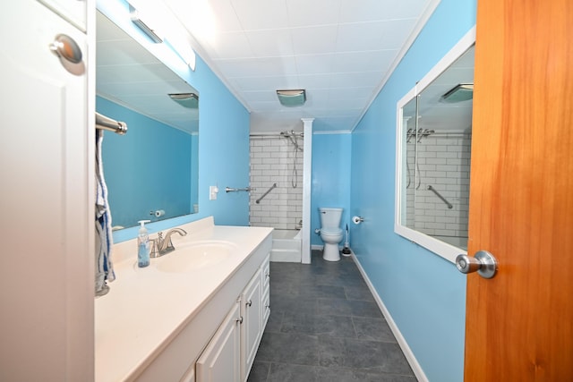 full bathroom featuring shower / tub combination, vanity, ornamental molding, and toilet