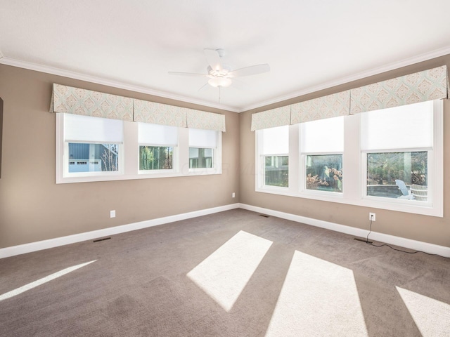 carpeted spare room featuring a healthy amount of sunlight, ceiling fan, and ornamental molding