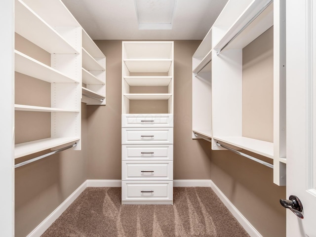 spacious closet featuring dark carpet