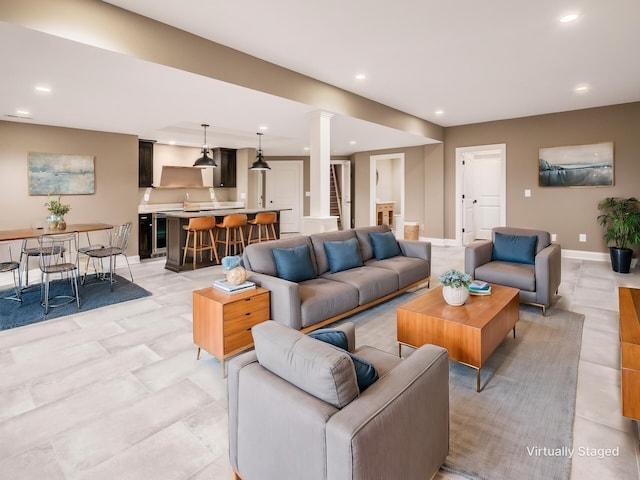 living room featuring wine cooler