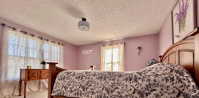 bedroom with carpet, a textured ceiling, and multiple windows