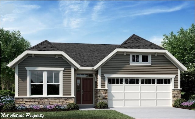 view of front of home with a shingled roof, stone siding, and concrete driveway