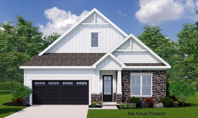 view of front facade with an attached garage, a shingled roof, driveway, stone siding, and board and batten siding