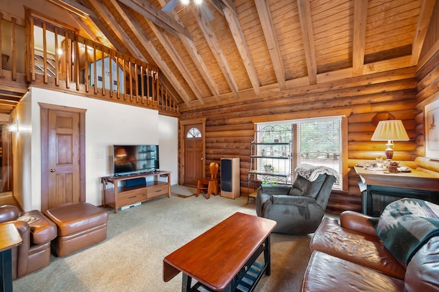 living room with rustic walls, wooden ceiling, beamed ceiling, carpet, and high vaulted ceiling