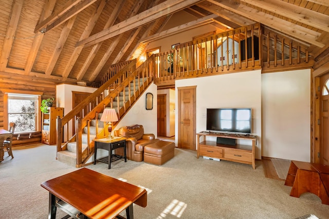 living room featuring high vaulted ceiling, wooden ceiling, and beamed ceiling