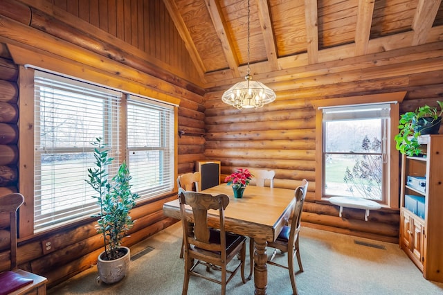 carpeted dining area featuring rustic walls, visible vents, vaulted ceiling, and a notable chandelier