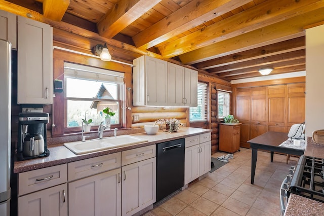 kitchen featuring rustic walls, dishwasher, white cabinetry, a sink, and gas stove