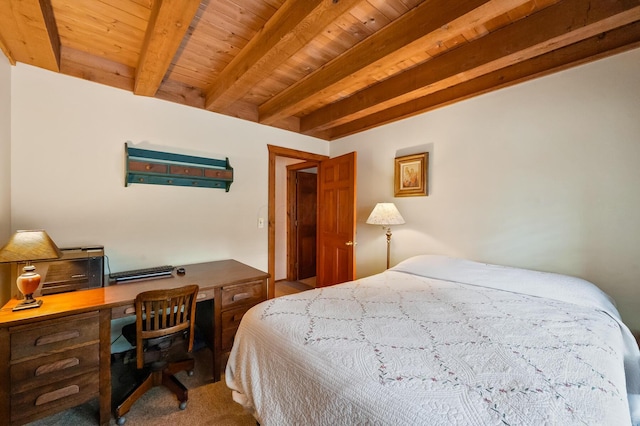 carpeted bedroom featuring beamed ceiling and wood ceiling