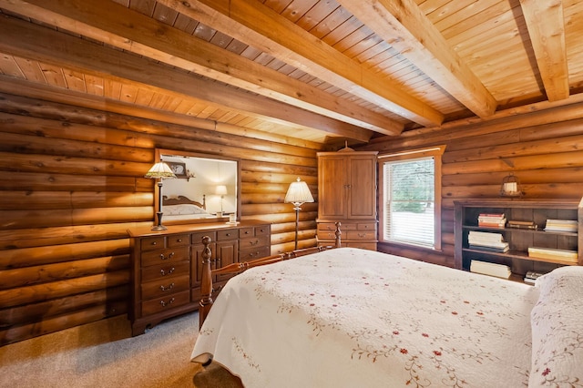 bedroom with wood ceiling, rustic walls, carpet flooring, and beamed ceiling