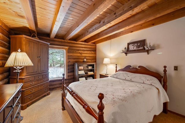 bedroom featuring wood ceiling, log walls, beam ceiling, and light colored carpet