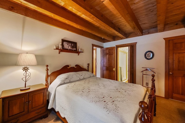 bedroom featuring wood ceiling, carpet, and beam ceiling