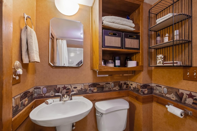 full bathroom with a shower with curtain, a sink, and toilet