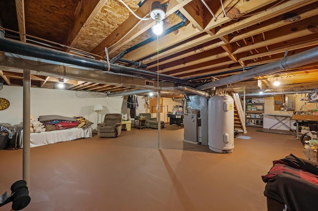 unfinished basement with electric panel, stairs, and water heater