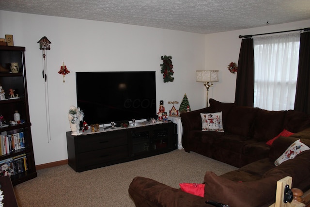 living room featuring light colored carpet and a textured ceiling