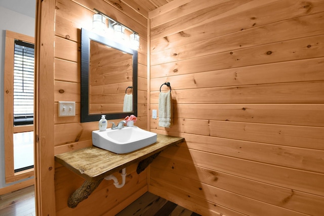 14485 Jack Run Rd, Rockbridge, OH 43149 - bathroom featuring wooden walls, a sink, and wood finished floors