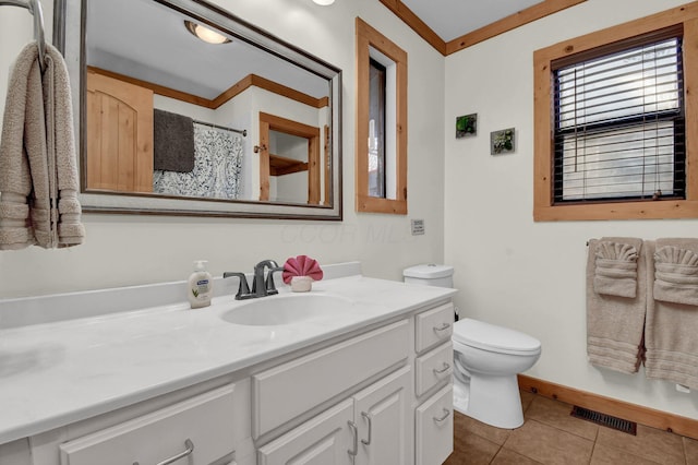 14485 Jack Run Rd, Rockbridge, OH 43149 - bathroom with vanity, tile patterned flooring, toilet, crown molding, and a shower with shower curtain