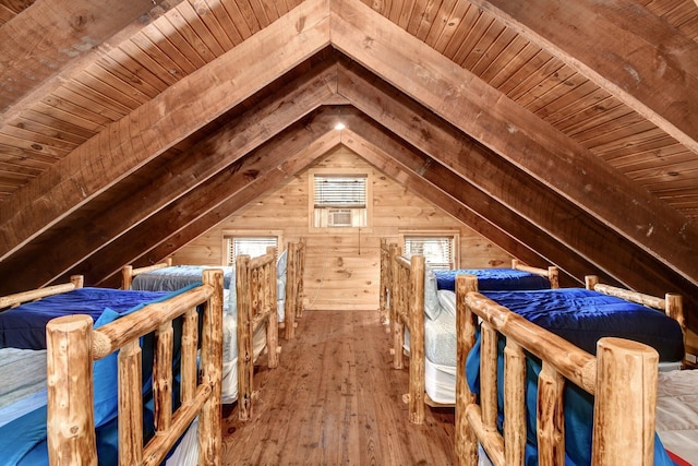 14485 Jack Run Rd, Rockbridge, OH 43149 - bedroom featuring wood walls, wooden ceiling, hardwood / wood-style floors, and cooling unit