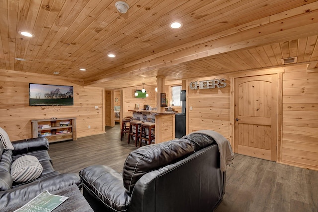 14485 Jack Run Rd, Rockbridge, OH 43149 - living room with wooden ceiling, dark wood finished floors, wooden walls, and recessed lighting