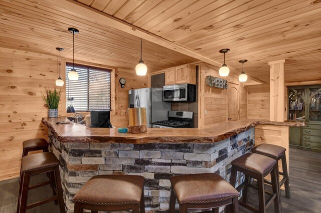 14485 Jack Run Rd, Rockbridge, OH 43149 - bar with appliances with stainless steel finishes, dark wood-type flooring, wooden ceiling, wood walls, and hanging light fixtures