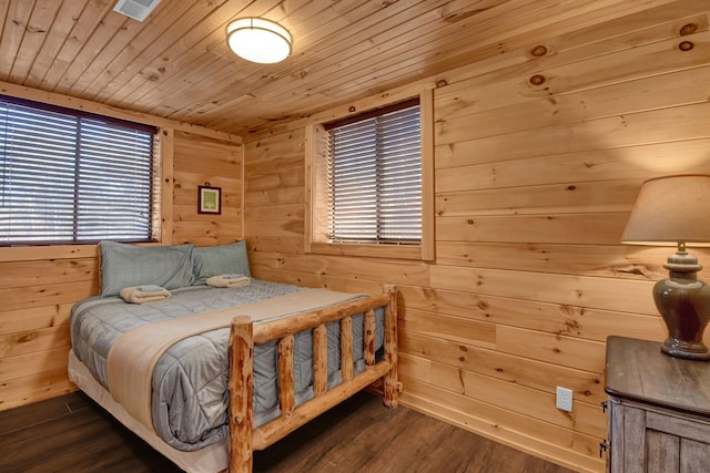 14485 Jack Run Rd, Rockbridge, OH 43149 - bedroom featuring wooden ceiling, dark wood-style floors, and wooden walls