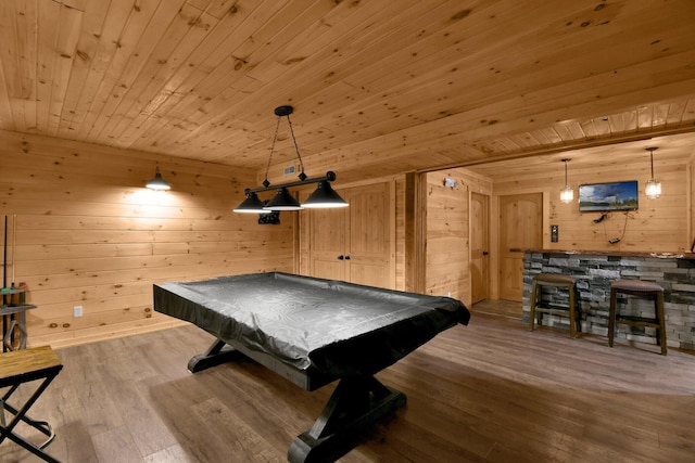 14485 Jack Run Rd, Rockbridge, OH 43149 - rec room featuring wooden walls, wood-type flooring, wooden ceiling, and pool table