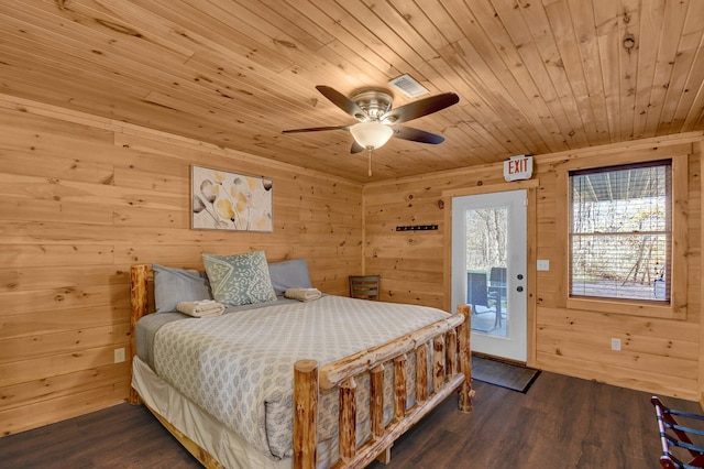 14485 Jack Run Rd, Rockbridge, OH 43149 - bedroom with wood ceiling, access to exterior, wood walls, ceiling fan, and wood finished floors