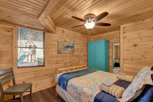 14485 Jack Run Rd, Rockbridge, OH 43149 - bedroom with wood ceiling, wooden walls, dark wood-style floors, and a ceiling fan