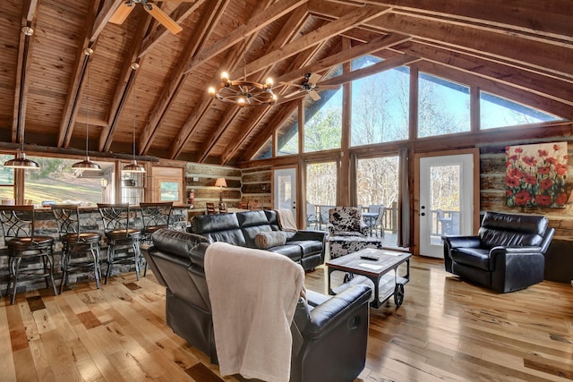 14485 Jack Run Rd, Rockbridge, OH 43149 - living room featuring high vaulted ceiling, wooden ceiling with exposed beams, a ceiling fan, and wood-type flooring