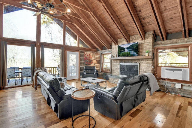 14485 Jack Run Rd, Rockbridge, OH 43149 - living room featuring healthy amount of natural light, cooling unit, light wood-style floors, wooden ceiling with exposed beams, and a fireplace