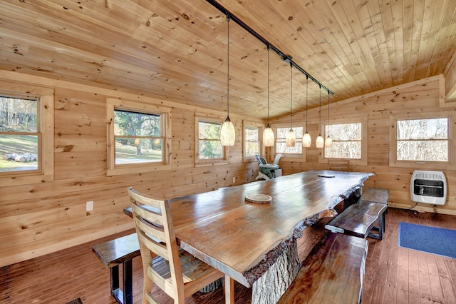 14485 Jack Run Rd, Rockbridge, OH 43149 - dining room with heating unit, wooden ceiling, plenty of natural light, track lighting, and lofted ceiling